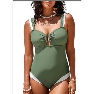 Herseas Women’s Patchwork One Piece U-Wire Push-Up Padded Swimsuit Army Green L